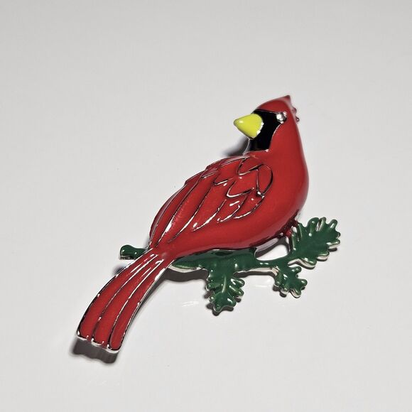 Silver Tone Cardinal Christmas Brooch Pin Red Green Enamel Clear Rhinestone Eye - Picture 9 of 10